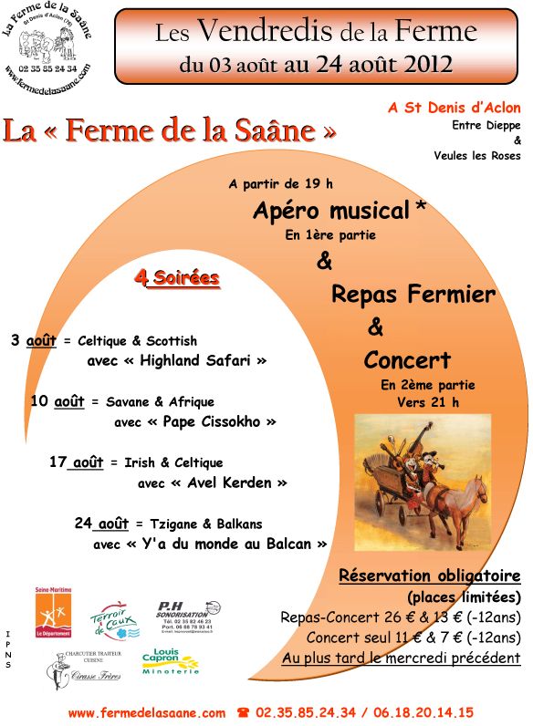 Apéro musical et repas concert les 3, 10, 17 et 24 août à la ferme de la Saâne à Saint-Denis-d'Aclon (76860)